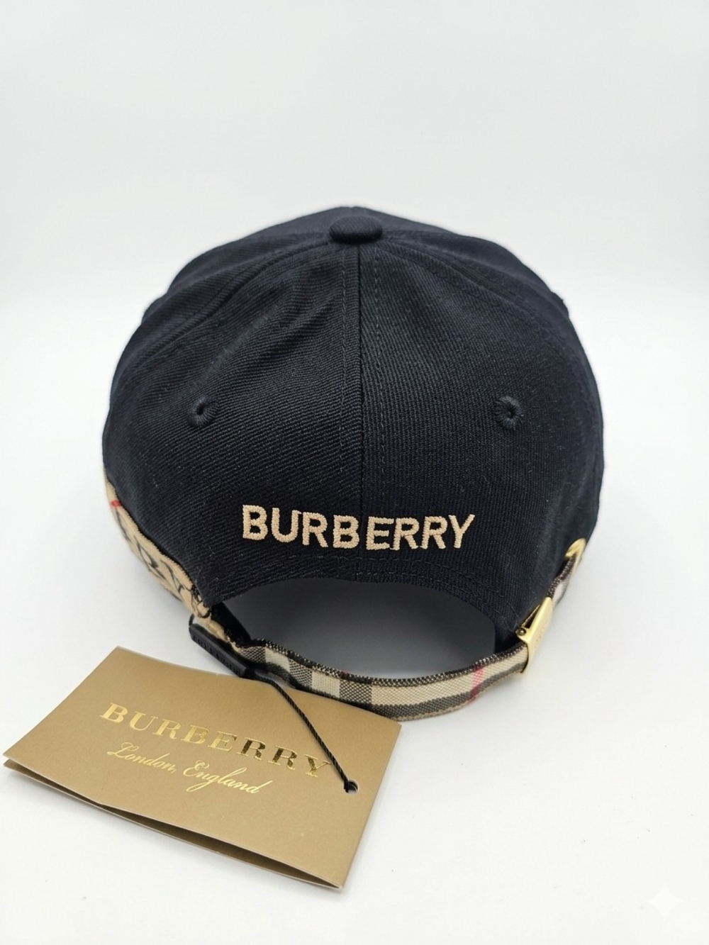 🔥NWT‼️✨ Burberry ✨ Black Baseball Cap Hat with Tan Vintage Check Brim - Unisex - Picture 5 of 14